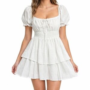 Promesa Mini Tiered Dress Women's Medium White Off-The-Shoulder Tie Front NWT